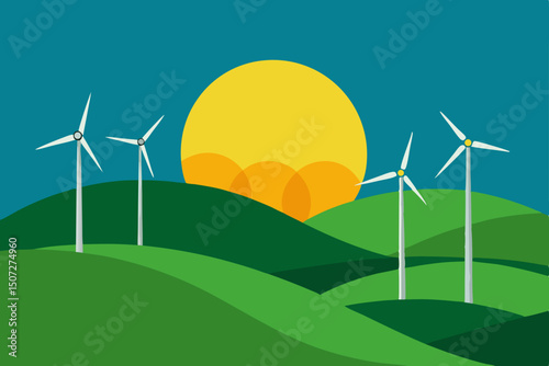 Wind turbines generating clean energy in a green field under a vast sky, symbolizing renewable power technology and environmental sustainability