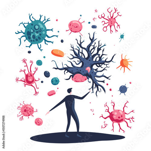 Pixelated Man Controlling Floating Virus Cells in White Background Depicting Immune System and Viral Infections