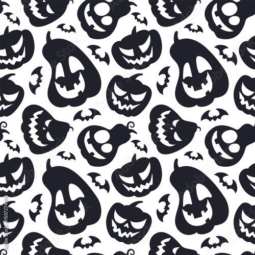 Seamless black and white Halloween pattern with spooky jack o lantern pumpkins and bats. Perfect for wrapping paper, party decor, backgrounds, and festive seasonal designs