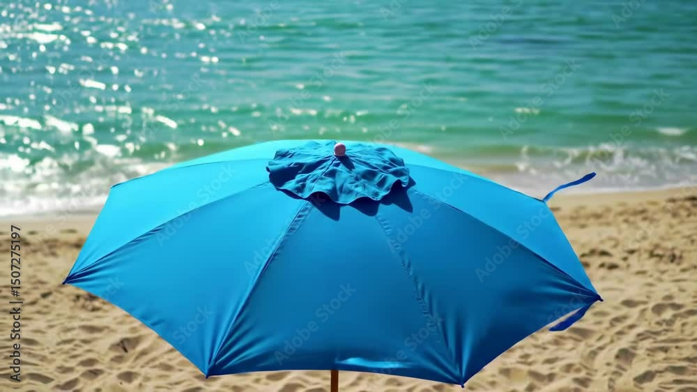 Blue Beach Umbrella Static Shot on Sandy Shoreline with Sparkling Ocean