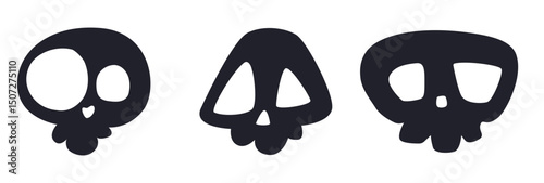 Set of three cute and spooky cartoon skulls in black and white. Minimal, bold shapes ideal for stickers, tattoos, icons, and Halloween designs for kids and adults
