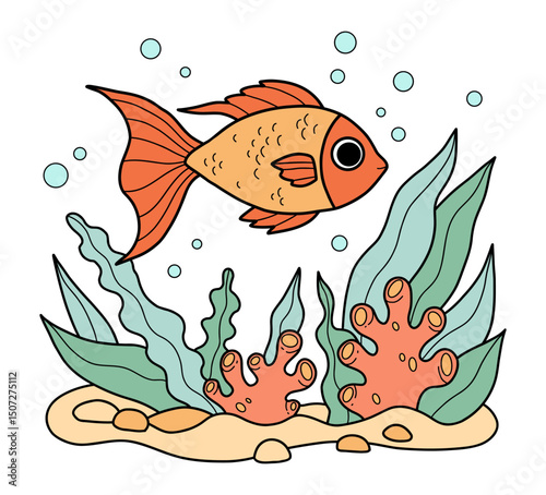 Tropical Fish swim among seaweed on seabed. Goldfish and Underwater seascape landscape. Color Hand Drawing. Vector illustration. Kids collection