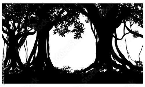 Banyan Tree Silhouettes for Rainforest Theme, dark jungle vector illustration, sprawling roots, tropical forest canopy, exotic vegetation, thick foliage, humid warm atmosphere, wilderness landscape.