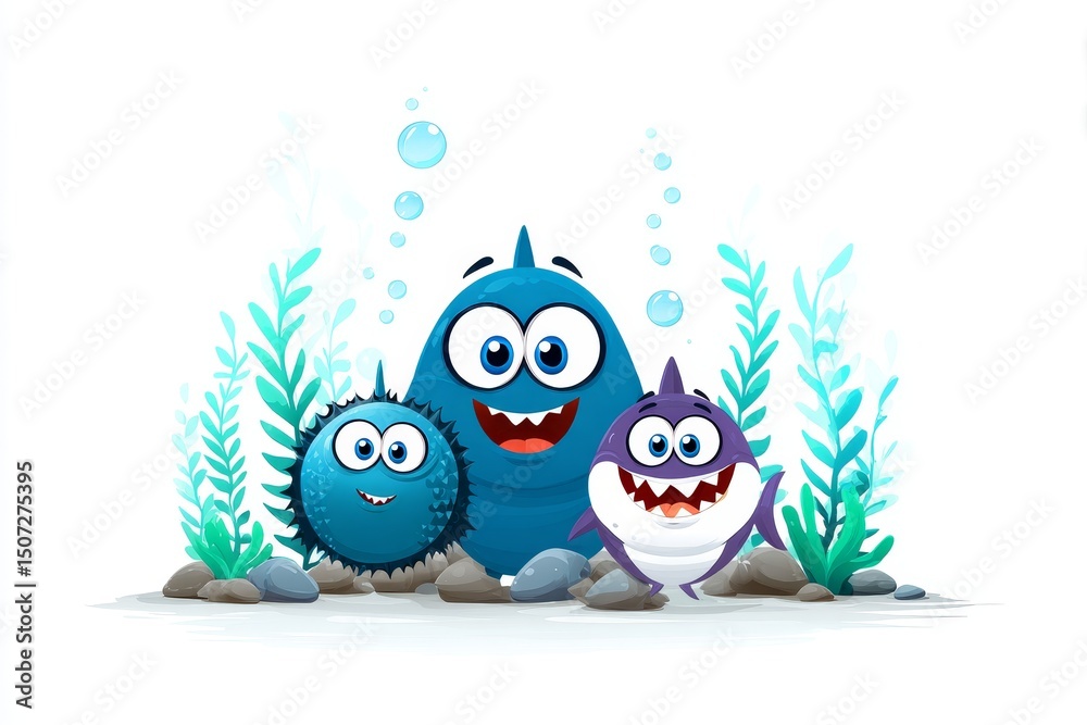 Obraz premium Happy Ocean Friends Cartoon - Three cheerful cartoon sea creatures, a pufferfish, a blob fish, and a shark, smile amidst underwater plants and rocks on a white background