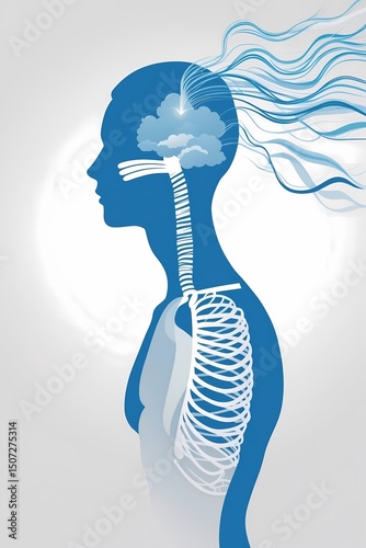 Illustration vectorielle d'une silhouette humaine en profil avec des lignes fluides représentant le flux d'air entrant et sortant des narines symbolisant la respiration consciente. Fond blanc style...