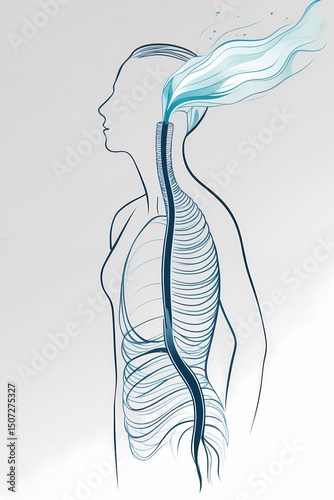 Illustration vectorielle d'une silhouette humaine en profil avec des lignes fluides représentant le flux d'air entrant et sortant des narines symbolisant la respiration consciente. Fond blanc style...