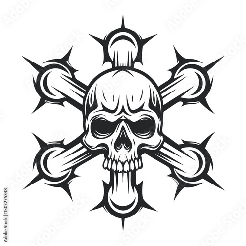Vector illustration of a skull with bones and spikes, black and white graphic art for design concepts, apparel, or tattoo inspiration.                