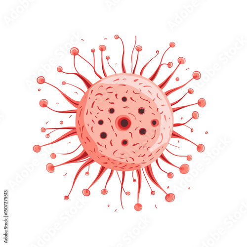 Red Virus Particle with Surface Proteins and Detailed Structure Isolated on White Background Depicting Infectious Disease and Scientific Research