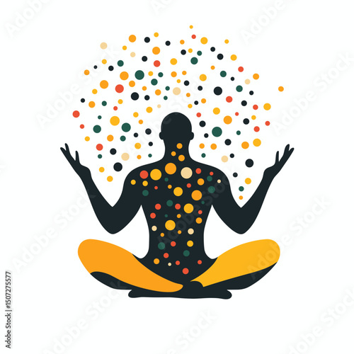 Silhouette Figure in Lotus Position Surrounded by Vibrant Dots Depicting Meditation Well Being and Spiritual Harmony on White Background