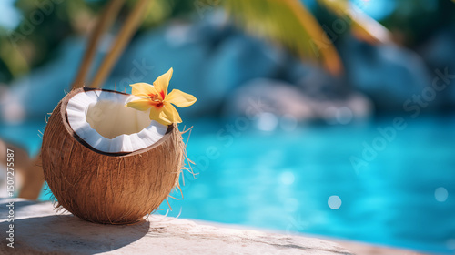 Refreshing coconut drink with flower beside inviting pool in tropical paradise