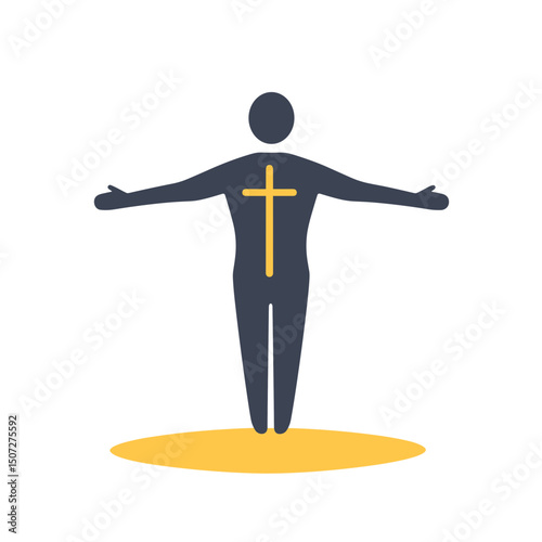 Silhouette of Person with Arms Open and Cross Symbol on White Background Depicting Faith and Religious Beliefs