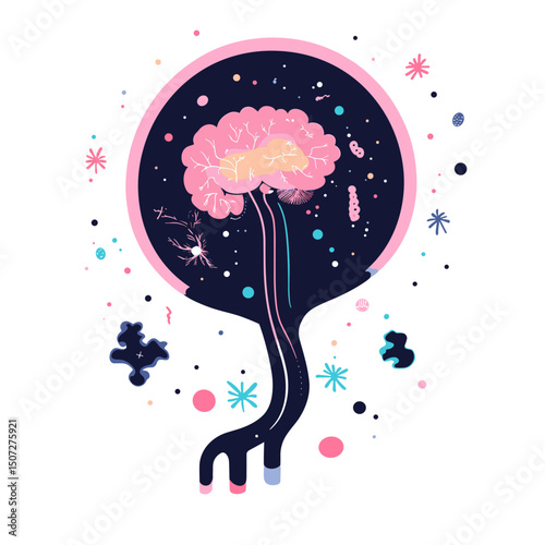 Stylized Brain Illustration with Pink and Blue Hues and Dark Background Featuring Cognitive Processes Symbolic Conceptual Artwork