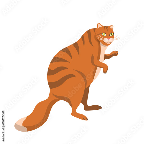 A red-haired cartoon cat walks on two paws, isolated on a white background.Vector illustration of a pet