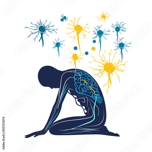 Stylized Human Nervous System Illustration Featuring Neurons and Spine with a Blue Silhouette on White Background