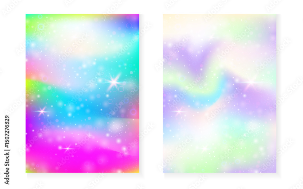 Fototapeta premium Unicorn background with kawaii magic gradient. Princess rainbow hologram. Holographic fairy set. Mystical fantasy cover. Unicorn background with sparkles and stars for cute girl party invitation.