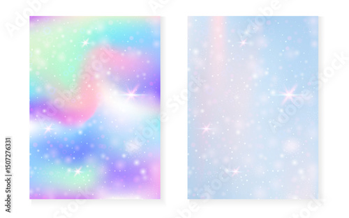 Princess background with kawaii rainbow gradient. Magic unicorn hologram. Holographic fairy set. Spectrum fantasy cover. Princess background with sparkles and stars for cute girl party invitation.