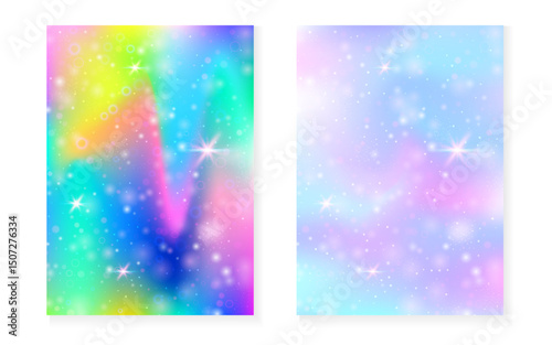 Magic background with princess rainbow gradient. Kawaii unicorn hologram. Holographic fairy set. Mystical fantasy cover. Magic background with sparkles and stars for cute girl party invitation.