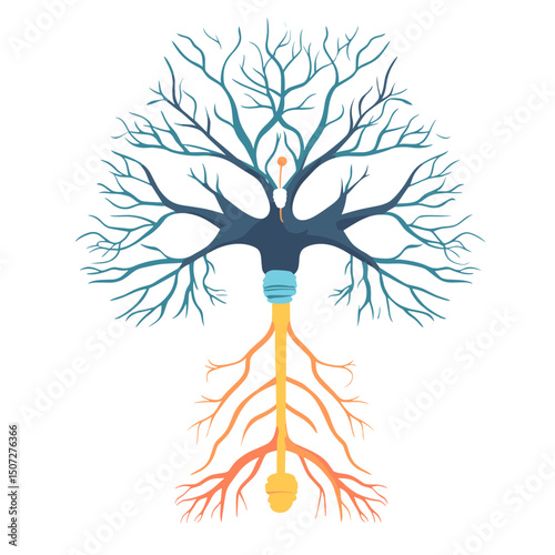 Stylized Neuron Tree with Roots on White Background Representing Brain Network and Neural Connections in Blue and Orange Colors