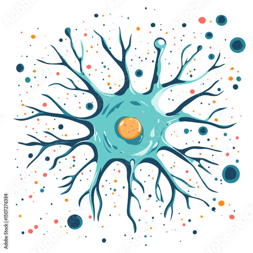 Stylized Neuron Cell With Blue Body Orange Nucleus and Branching Dendrites on White Background Detailed Biological Illustration