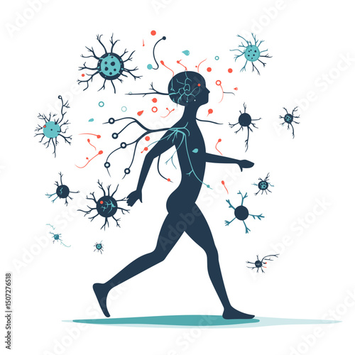 Stylized Silhouette of Human Figure Walking Amidst Abstract Viral Cells in Blue and Red
