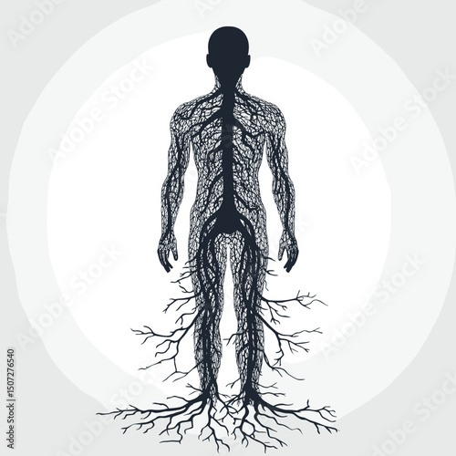 Stylized Silhouette of Human Body with Root System Depicting Interconnection of Life and Nature on White Background in Artistic Conceptual Illustration