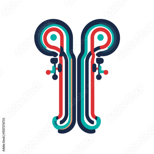 Symmetric Abstract Design with Winding Red Teal Navy and Peach Lines on White Background for Decoration