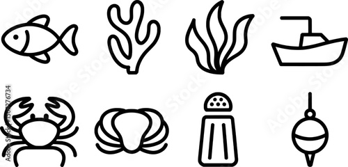 Seafood icons set line art style graphic design