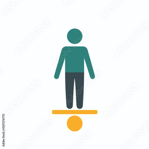 Teal Man Balancing on Yellow Sphere Simple Icon Graphic Illustration on White Background