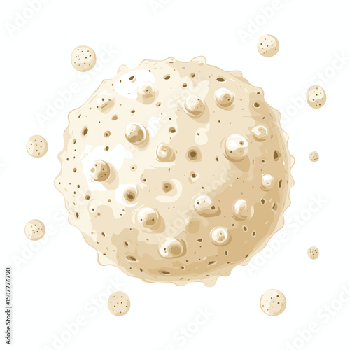 Textured Spherical Object with Cratered Surface and Floating Smaller Spheres on White Background