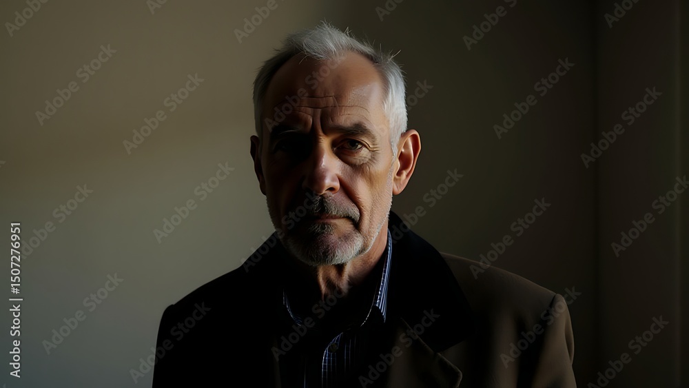Fototapeta premium Old Man With Calm Expression Wearing Stylish Jacket Cinematic Photography Soft Lit Studio Shoulder Up Natural Focus 