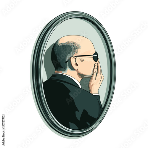 Vintage Oval Portrait of Balding Man in Black Suit Wearing Sunglasses Whispering a Secret in Illustration Style