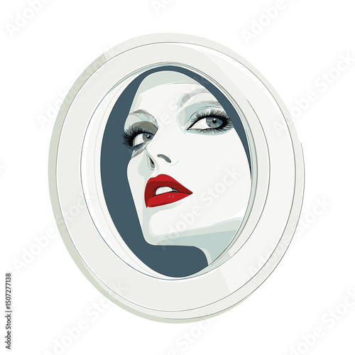 Vintage Woman Portrait Reflected in Round White Mirror with Red Lips Artistic Expression and Graphic Design in an Artificial Style