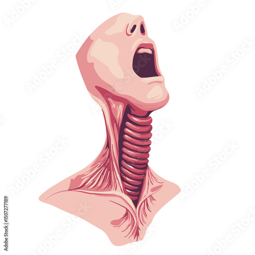 Vivid Pixel Art Illustration of an Open Mouthed Person Revealing Anatomy of Throat Muscles and Esophagus With a Pale Skin Tone On A White Background