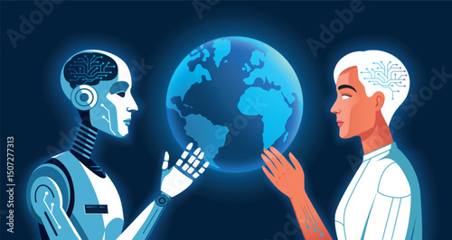 AI and humanoid robot holding the Earth globe. Technological futuristic illustration