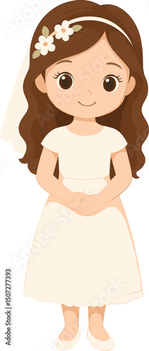 Young girl with long brown hair, wearing a white first communion dress and veil, smiling with hands together in front