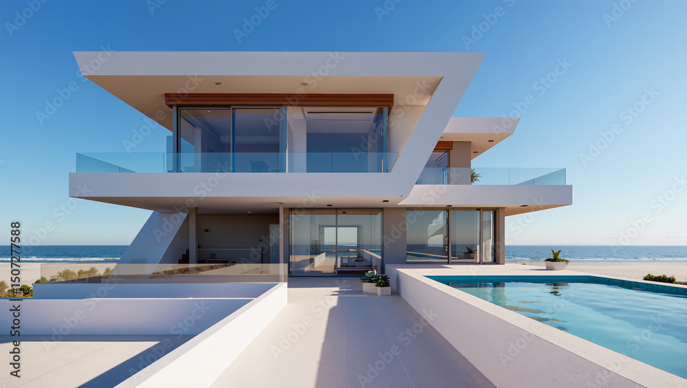 Fototapeta premium Luxury Beachfront Modern Villa with Infinity Pool and Ocean View at Sunset Tropical Paradise