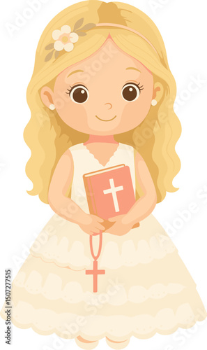 Adorable blonde girl in a white communion dress holding a Bible and rosary, smiling gently