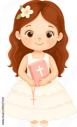 Cute girl with red hair wearing a white communion dress and holding a pink Bible with a rosary