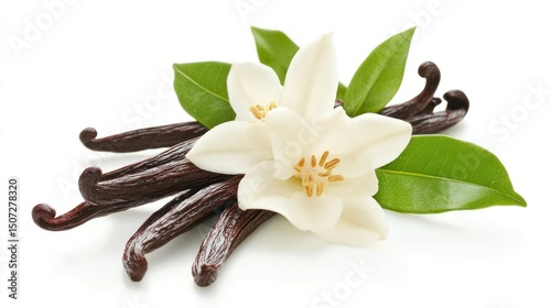 Vanilla Beans with White Flowers and Green Leaves on White Background