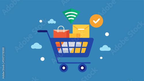 Digital Shopping Cart A cartoonish shopping cart overflowing with products set on a virtual email background filled with messages proclaiming Extra Savings Inside.