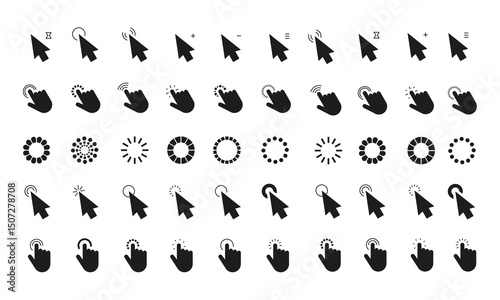 Computer mouse click cursor Gray arrow icons set . Cursor icon. Vector illustration. Mouse click cursor collection.