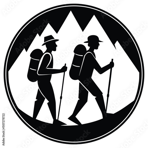 Trekking Adventures Two Hikers Conquering Majestic Mountain Peaks - Vector Illustration
