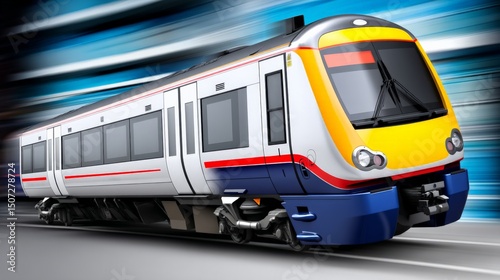 Modern high-speed train moving quickly on a blurred background, showcasing advanced transportation technology