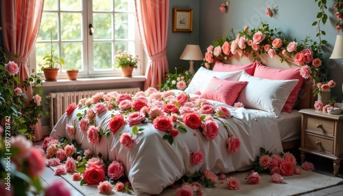 A whimsical bed entirely covered in a vibrant, overflowing bouquet of flowers, creating a romantic and dreamy scene Perfect for floral, bedroom, spring, and fantasy themes , spring, still life
