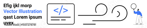 Code editor screen with programming icon next to abstract swirling lines and a person analyzing elements. Ideal for coding, creativity, teamwork, innovation, technology, strategy, simple landing page