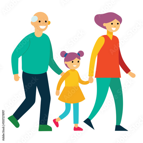 Happy Family Walking Together Vector Illustration of Grandparents and Grandchild Enjoying a Stroll