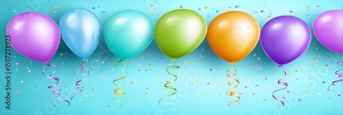 Colorful Balloons Celebration - Six colorful balloons with ribbons and confetti on a light blue background. Perfect for birthday, party, or celebration themes photo