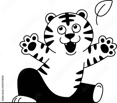 Happy cartoon tiger cub playing outdoors