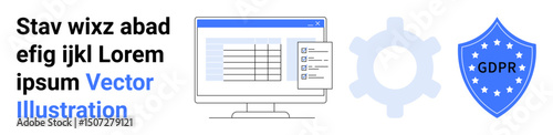 Computer screen showing data table with checklist, gear representing settings, shield marked GDPR. Ideal for data security, compliance, privacy, technology, settings, legal simple landing page