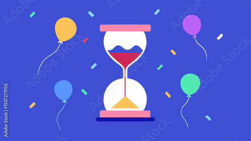 Discount Countdown An illustration of a countdown timer surrounded by balloons with ribbons each popping to display dwindling sale prices as the timer ticks down.